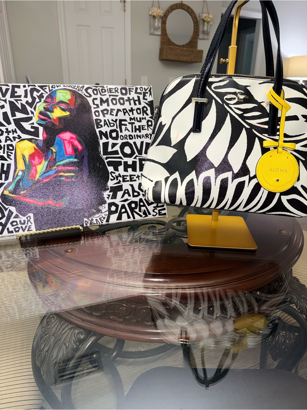 kate spade Rare Hawaii Aloha Black & White Leaf-Print Satchel with Yellow Tag